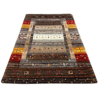 Brown gabbeh rug with multicolored stripes and geometric pattern, rectangular