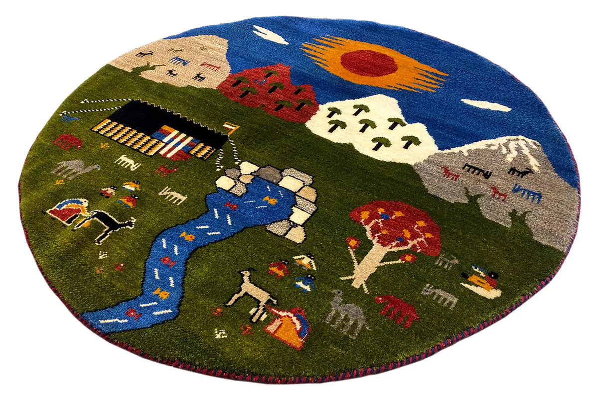 Round Gabbeh rug (101×101 cm) with a colorful village and river motif