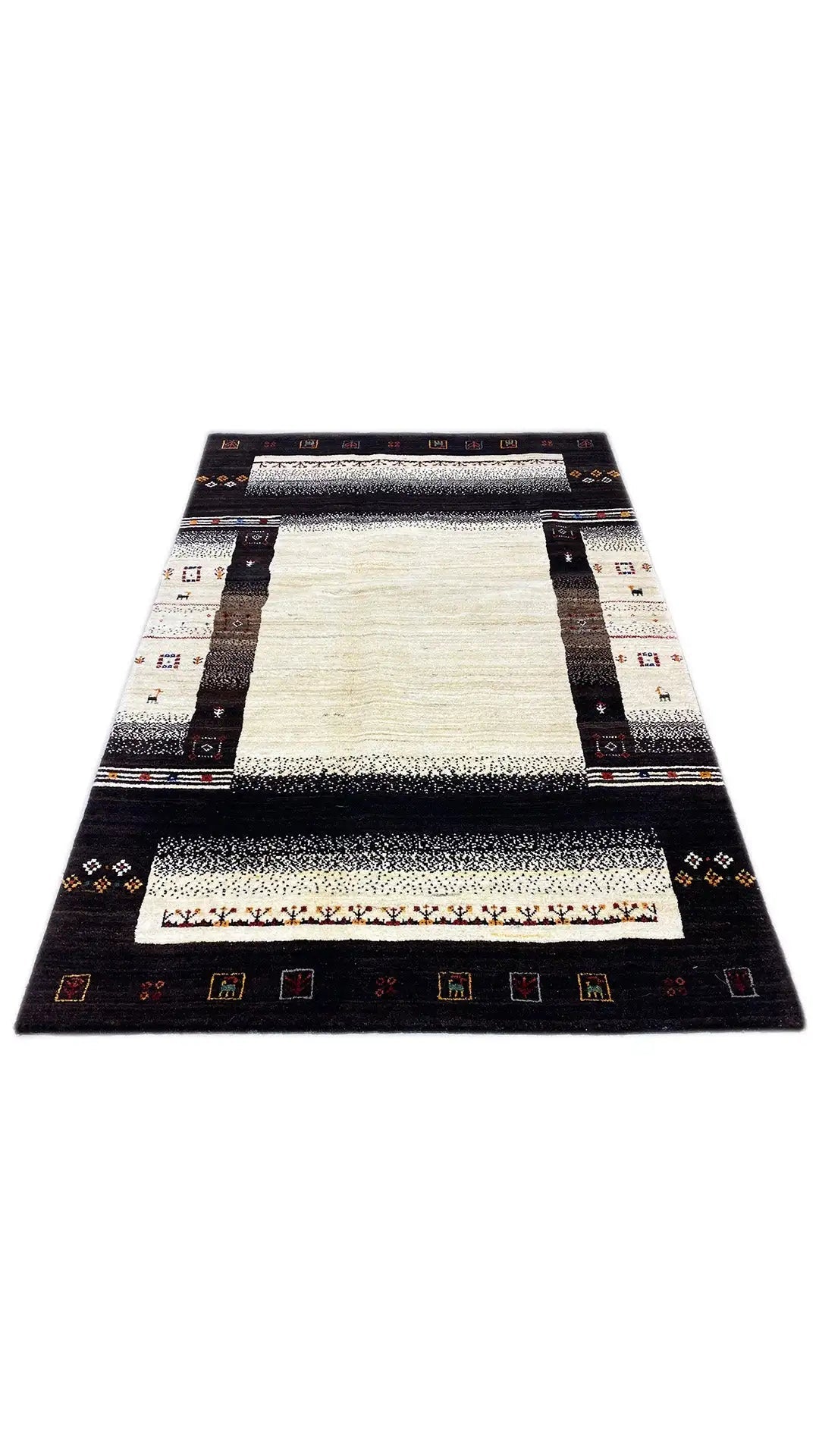 Rectangular Gabbeh rug: dark border with colorful symbols and cream-colored center