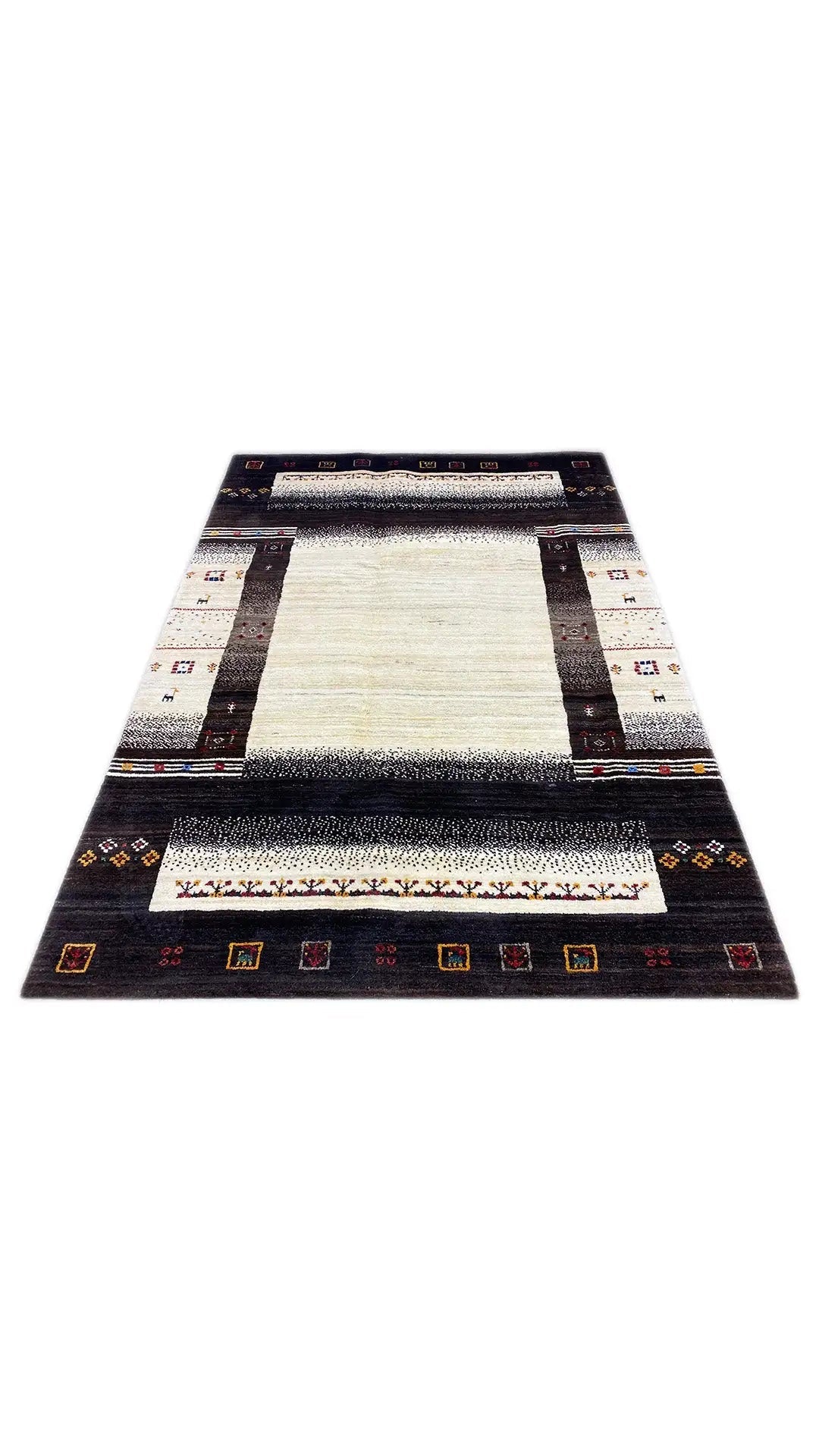 Rectangular rug with a light center, black border, and colorful ornaments along the edges