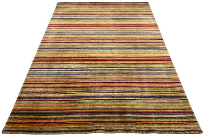 Rug laid out in a trapezoidal shape: wide horizontal stripes in brown, blue and red