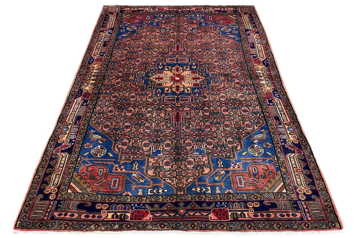 Hamadan rug, rectangular, blue-brown pattern with borders and medallion