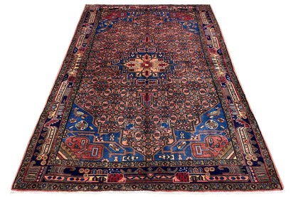 Hamadan rug, rectangular, blue-brown pattern with borders and medallion