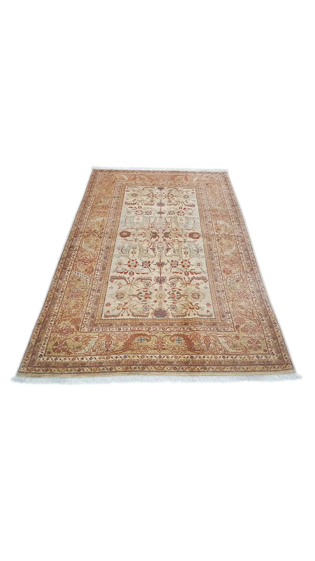Sultan Abad exclusive rug with a rectangular pattern in cream, brown, red, and blue