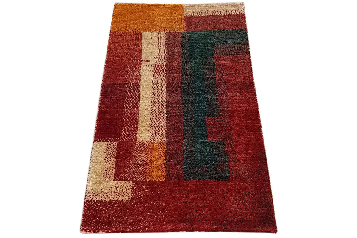 Gabbeh rug (89x60 cm) viewed from three sides, patchwork in red, beige and dark green