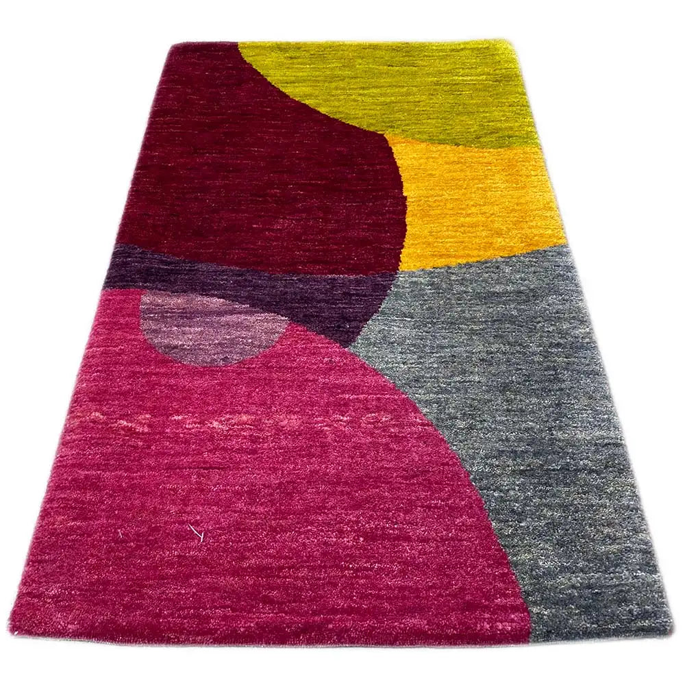 Gabbeh rug with an abstract pattern in magenta, yellow and grey, 90x58 cm