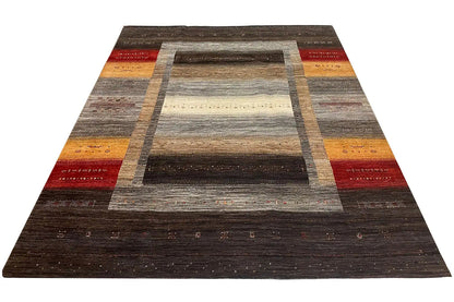 Dark brown rug with a beige center and a wide gray border; accented in yellow and red