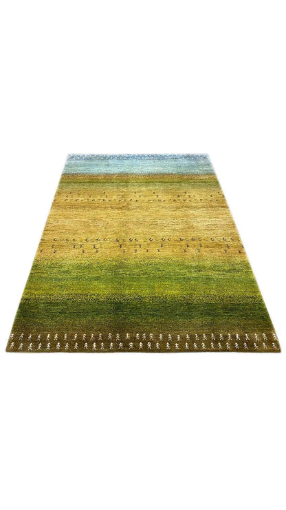 Gabbeh rug lying flat, green-yellow pattern with a blue border, rectangular
