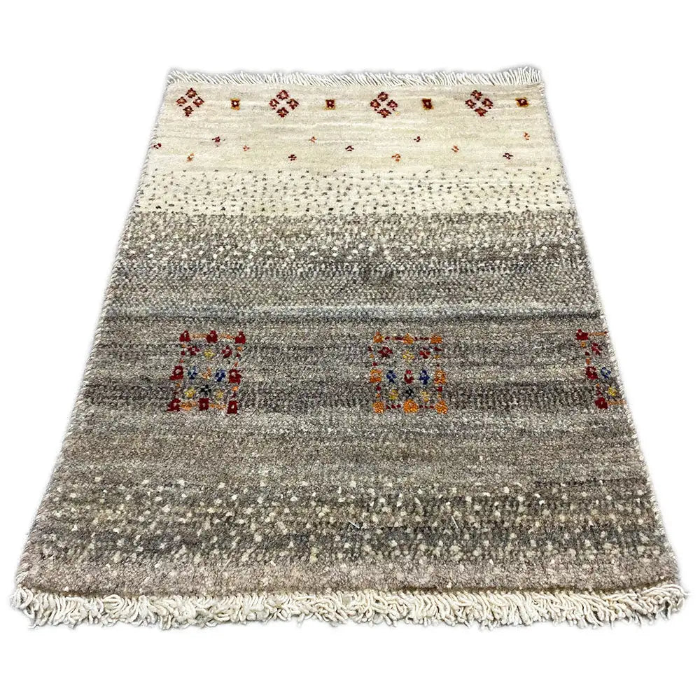 Gabbeh rug 57x41 cm, light beige and gray, red patterns, fringes