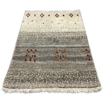Gabbeh rug 57x41 cm, light beige and gray, red patterns, fringes