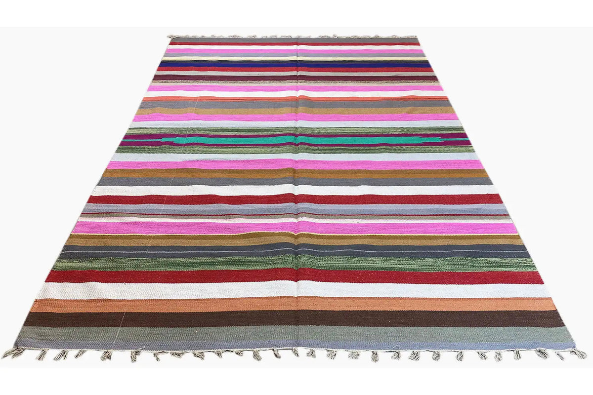Kelim dhurrie rug with horizontal stripes in pink, green, red, and fringe