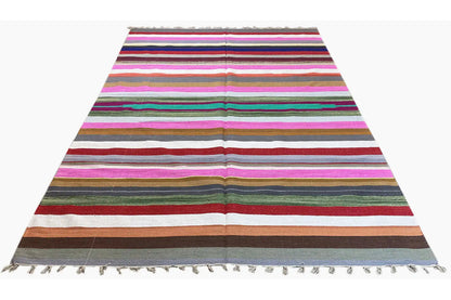 Kelim dhurrie rug with horizontal stripes in pink, green, red, and fringe