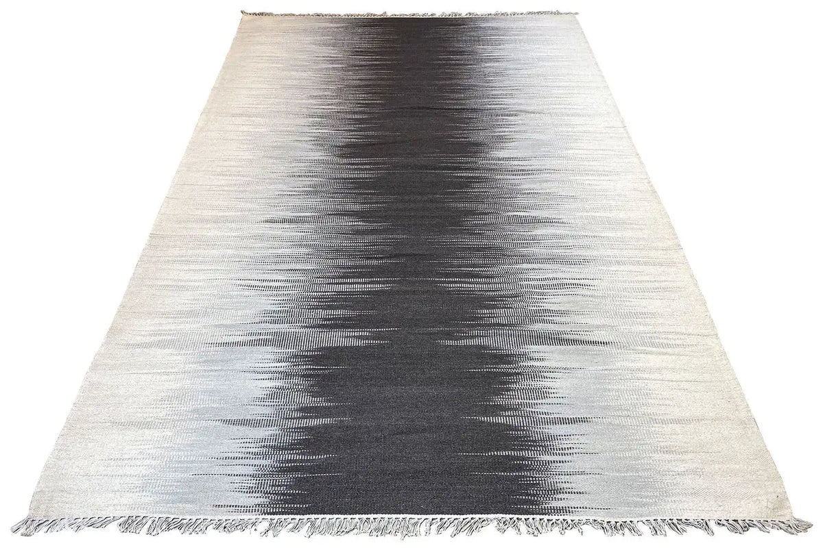 Kilim rug (perspective view), light gray and white with wide dark stripes and fringes