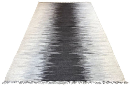 Kilim rug (perspective view), light gray and white with wide dark stripes and fringes