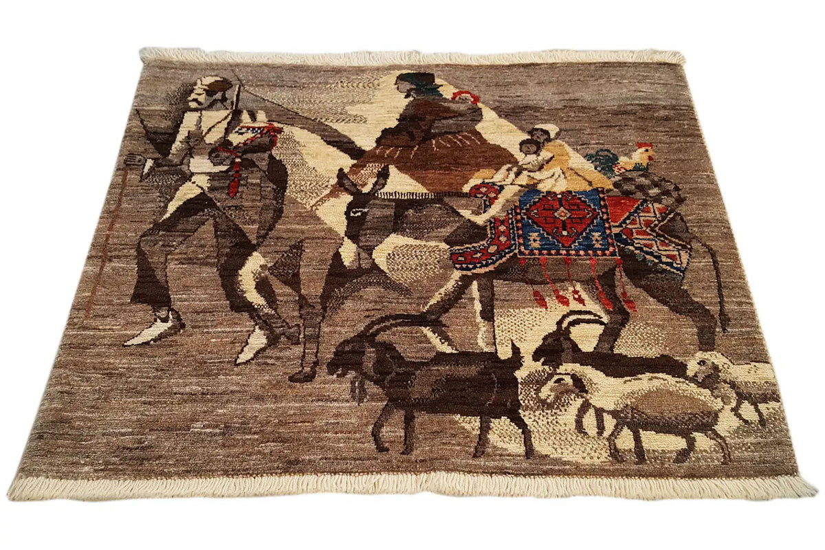 Rug 78x77 cm with horse rider and equestrian scenes, brown-beige color palette, fringes