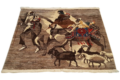 Rug 78x77 cm with horse rider and equestrian scenes, brown-beige color palette, fringes