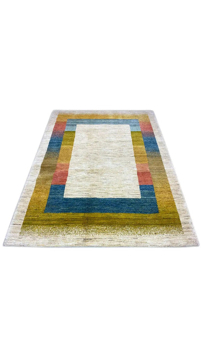 Rectangular Gabbeh rug, flattened: centered pattern with a colored border in yellow and blue.