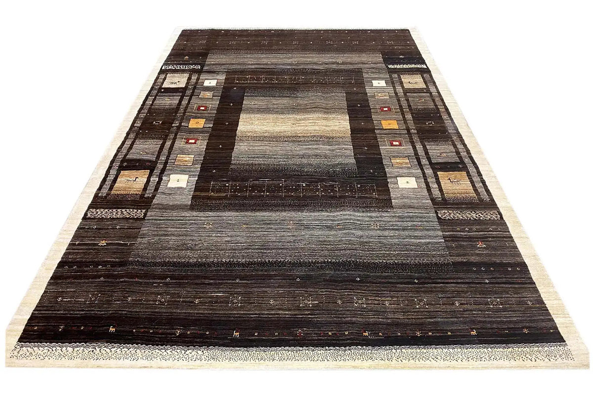 Gabbeh Lori rug, symmetrical all-over pattern in dark brown and gray