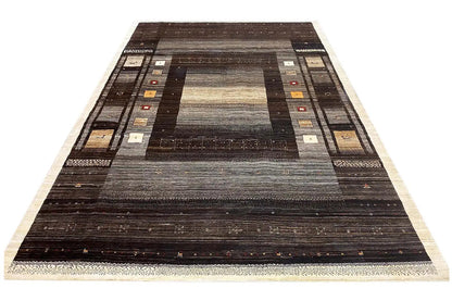 Gabbeh Lori rug, symmetrical all-over pattern in dark brown and gray