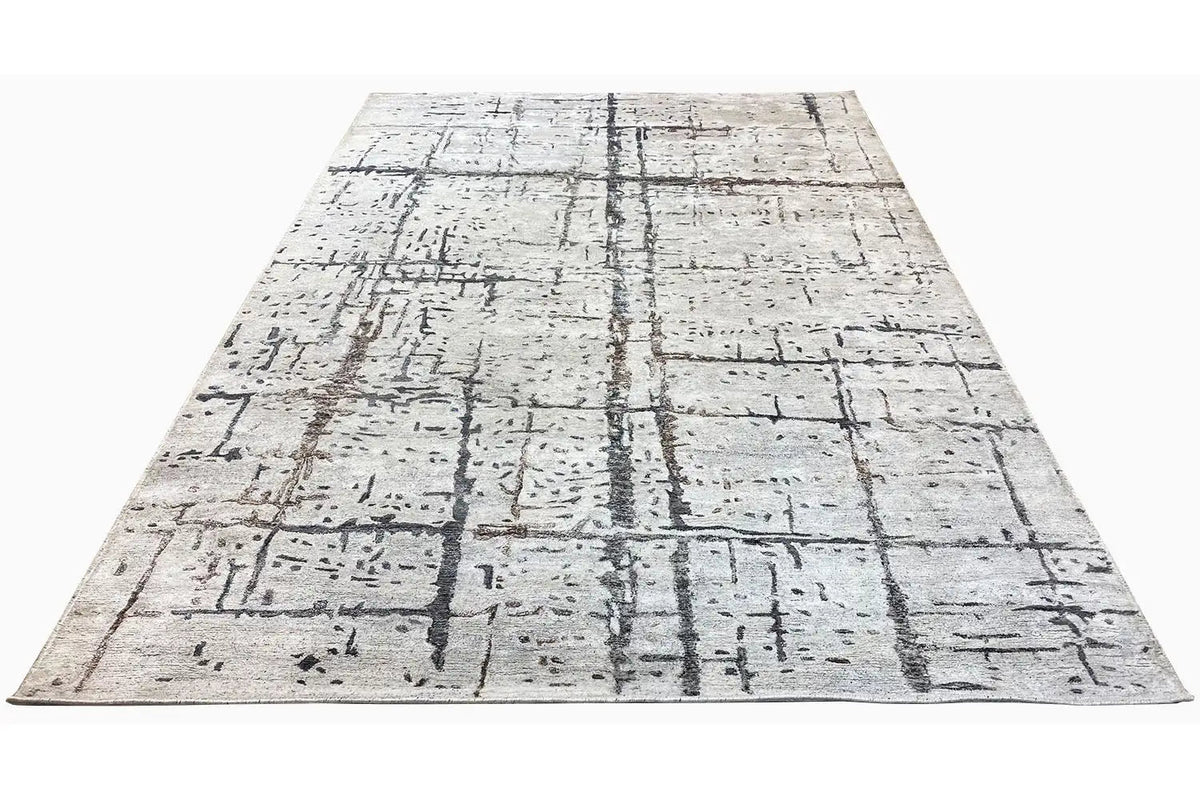 Hand-tufted rug 300x201 cm, abstract grid of dark lines on a light background