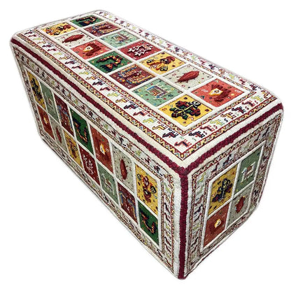Rectangular Soumak rug: white background, colorful square patterns, surrounding border