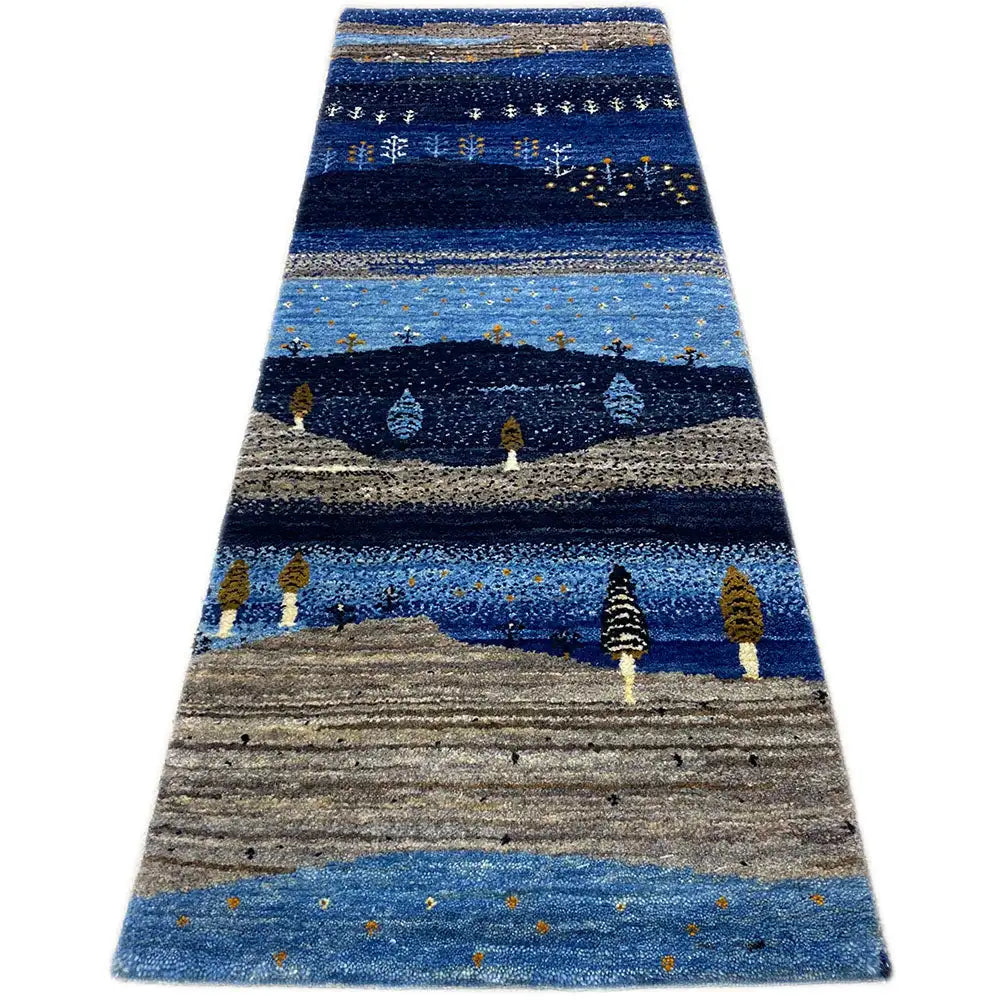 Long blue and beige Gabbeh runner rug with stripes and ornamental trees