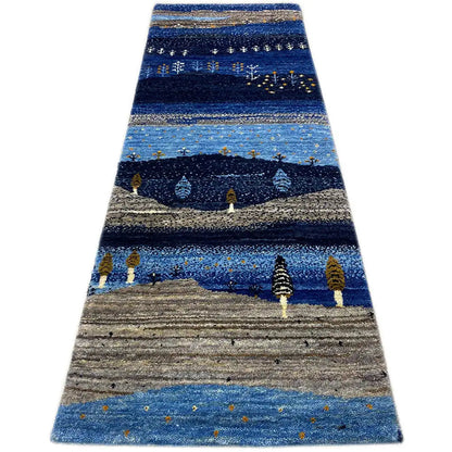 Long blue and beige Gabbeh runner rug with stripes and ornamental trees
