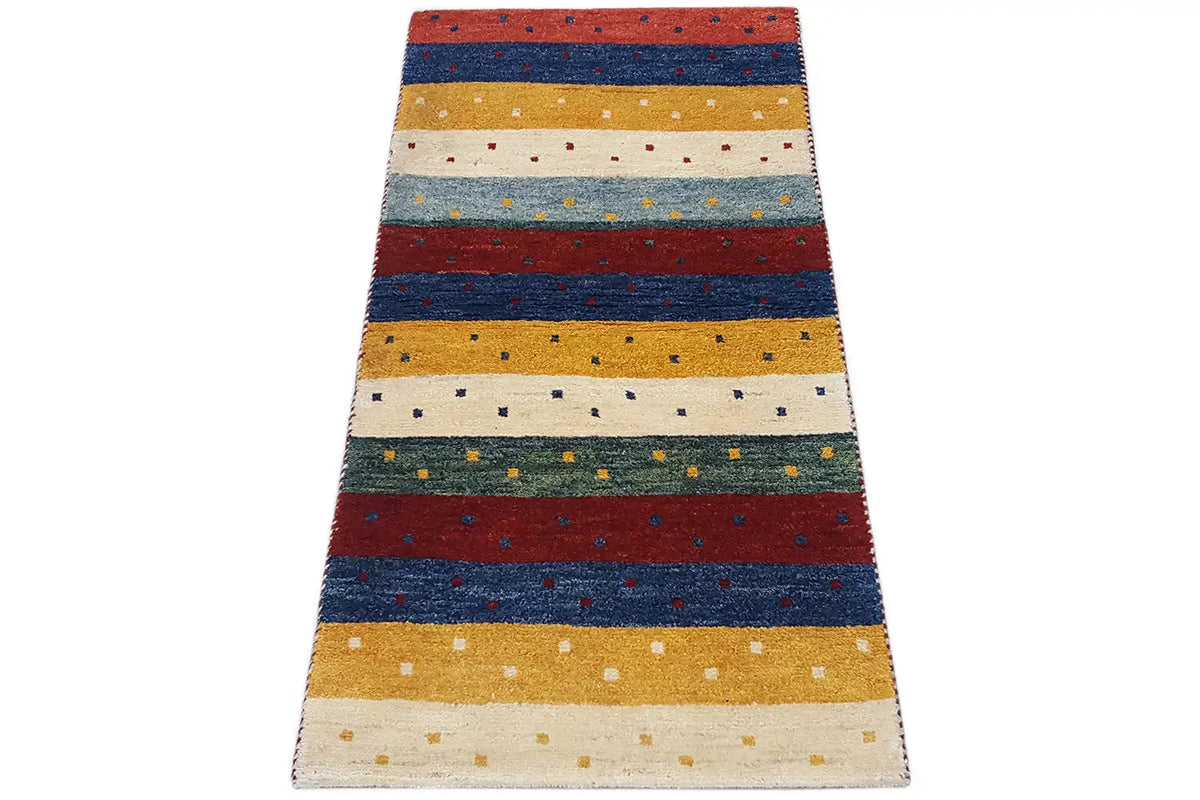 Gabbeh rug 142x66 cm, long striped design in yellow, blue, red and gray