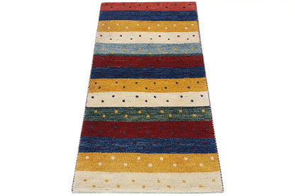 Gabbeh rug 142x66 cm, long striped design in yellow, blue, red and gray
