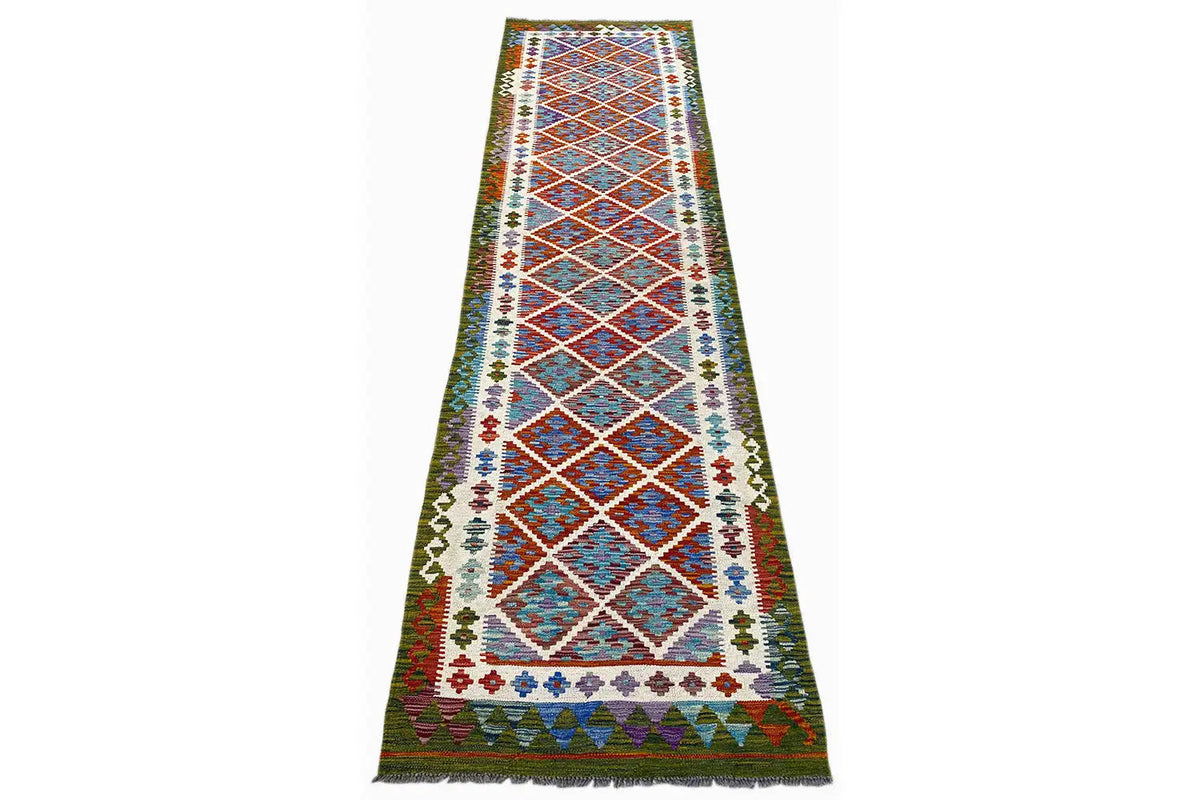 Afghan kilim runner with geometric diamonds in red, blue and green