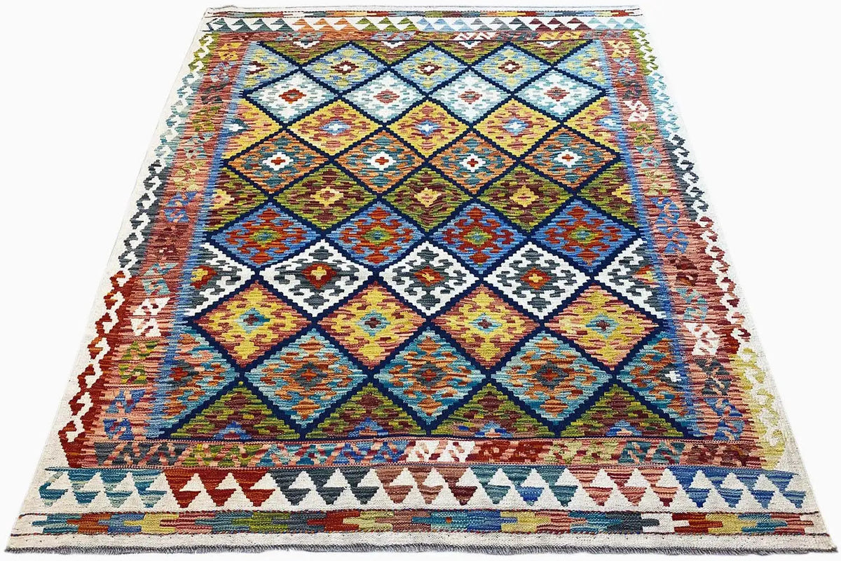 Kilim rug (Afghan) with geometric diamond fields and zigzag border