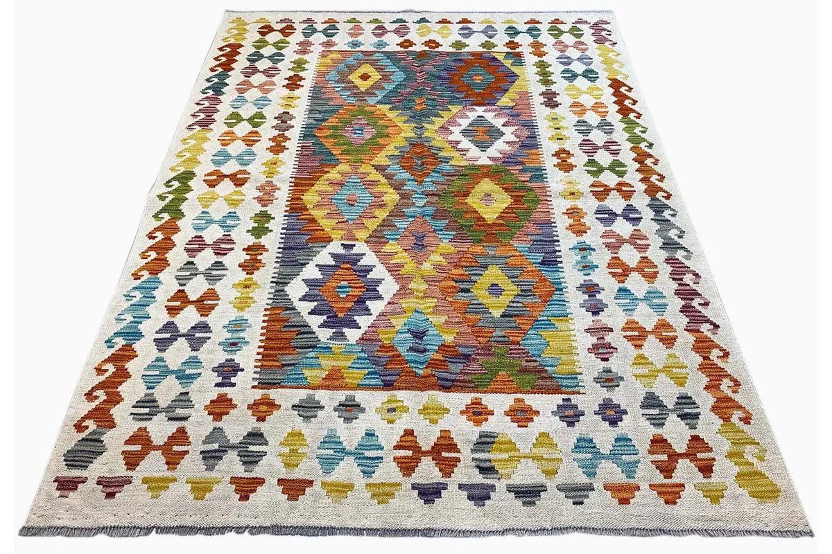 Afghan kilim 200x148 cm with multicolored geometric pattern, flat-woven