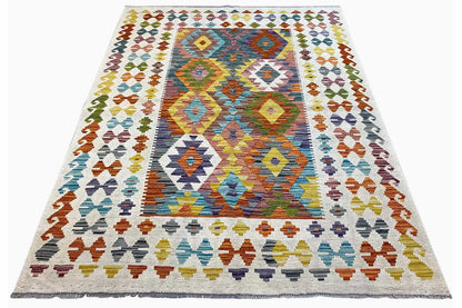 Afghan kilim 200x148 cm with multicolored geometric pattern, flat-woven