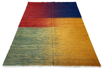 Rectangular kilim rug, striped pattern in red, blue, yellow and green, with fringes