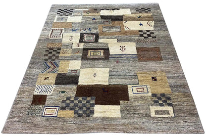 Gabbeh rug 186x150 cm, top view of patchwork blocks in gray, beige, and dark brown