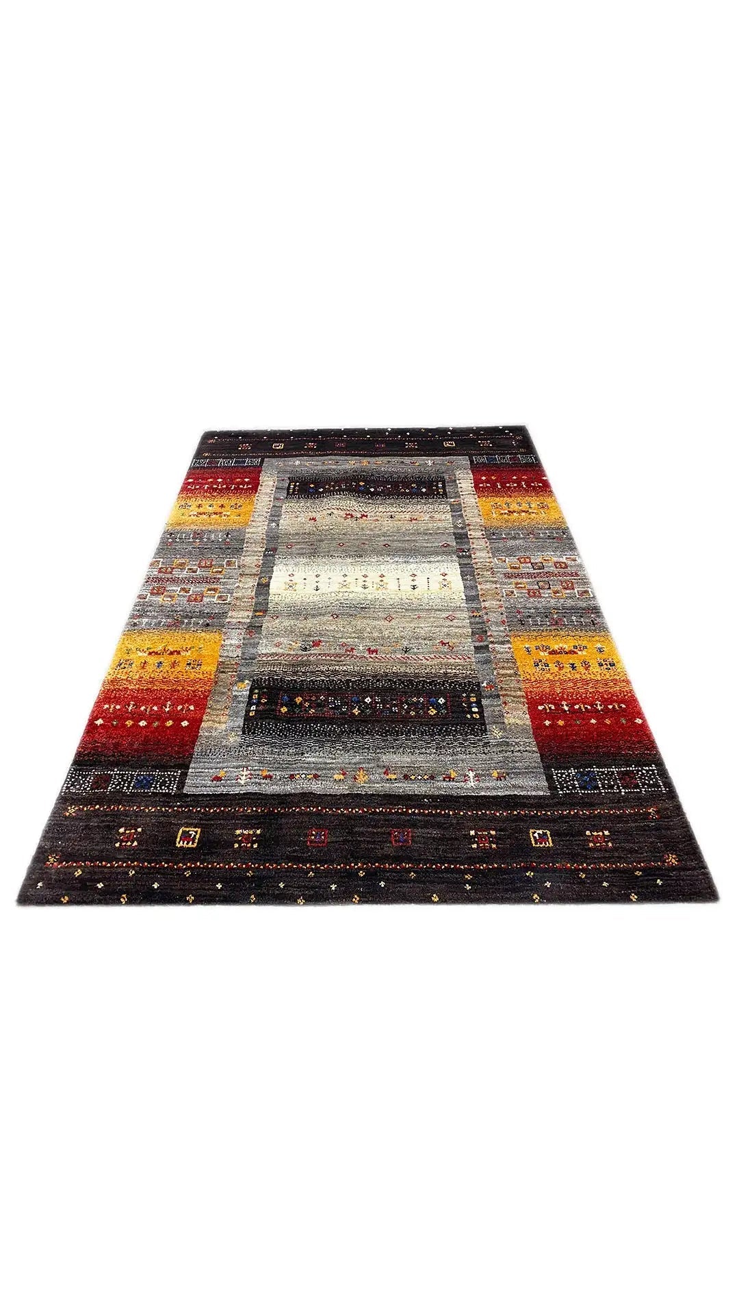 Rug with a light central stripe and dark border, patterned edging