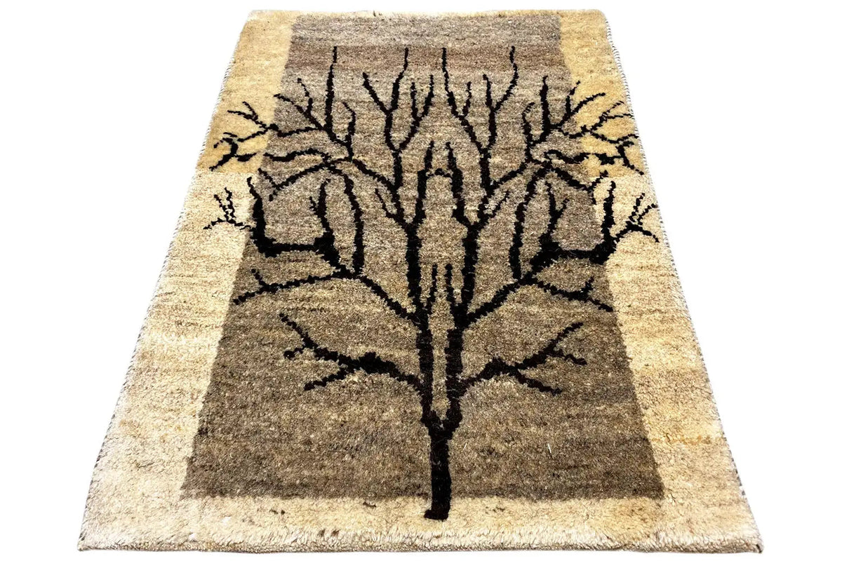 Gabbeh rug 80x57 cm, centered tree motif: beige pile, black design