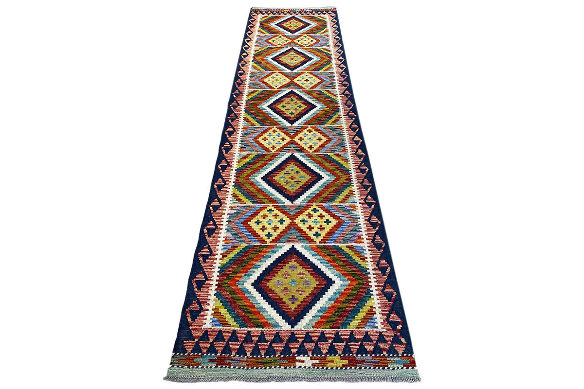 Kilim Afghan runner, narrow runner with a colorful diamond and line pattern, rectangular
