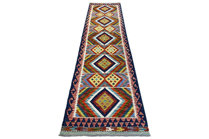 Kilim Afghan runner, narrow runner with a colorful diamond and line pattern, rectangular