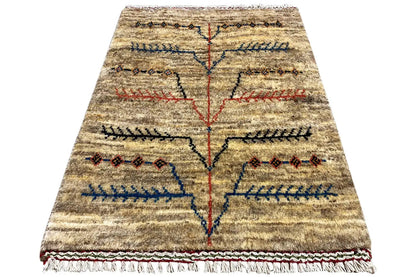 Gabbeh Lori rug (79x62 cm) with a central cross pattern and decorative fringe along the edge