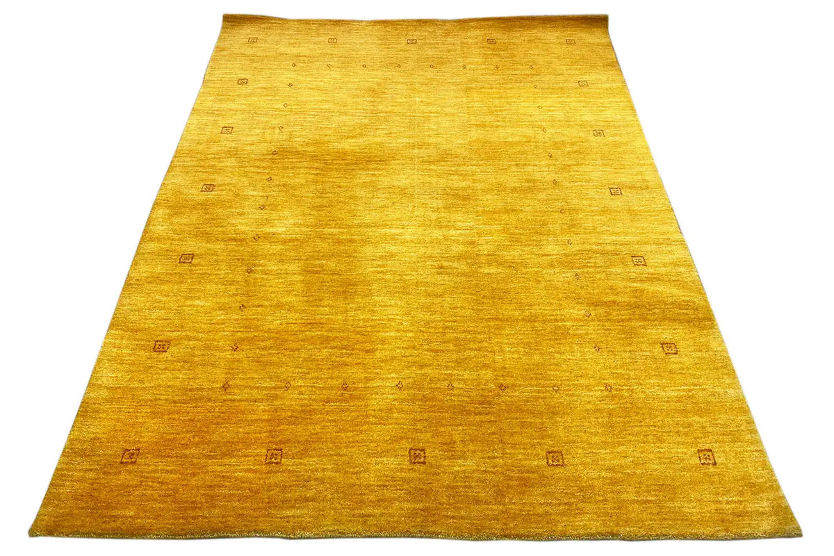 Gabbeh rug 185x138 cm: yellow rug with small square patterns