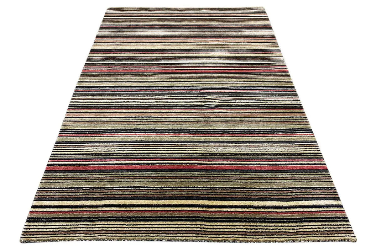 Gabbeh rug 141×205 cm, laid at an angle, horizontal stripes in brown and beige