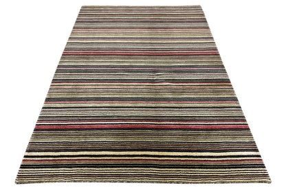 Gabbeh rug 141×205 cm, laid at an angle, horizontal stripes in brown and beige