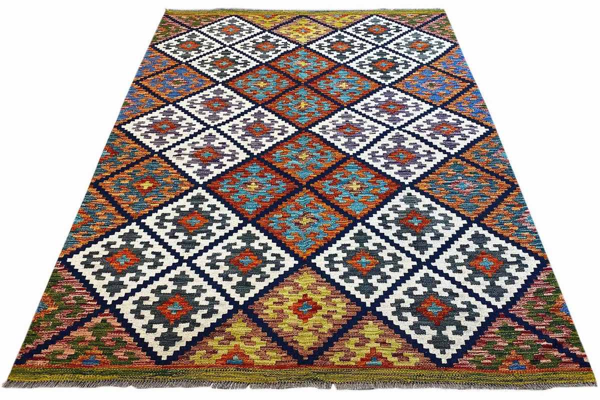 Kilim rug with a square and diamond pattern in blue, white, and yellow
