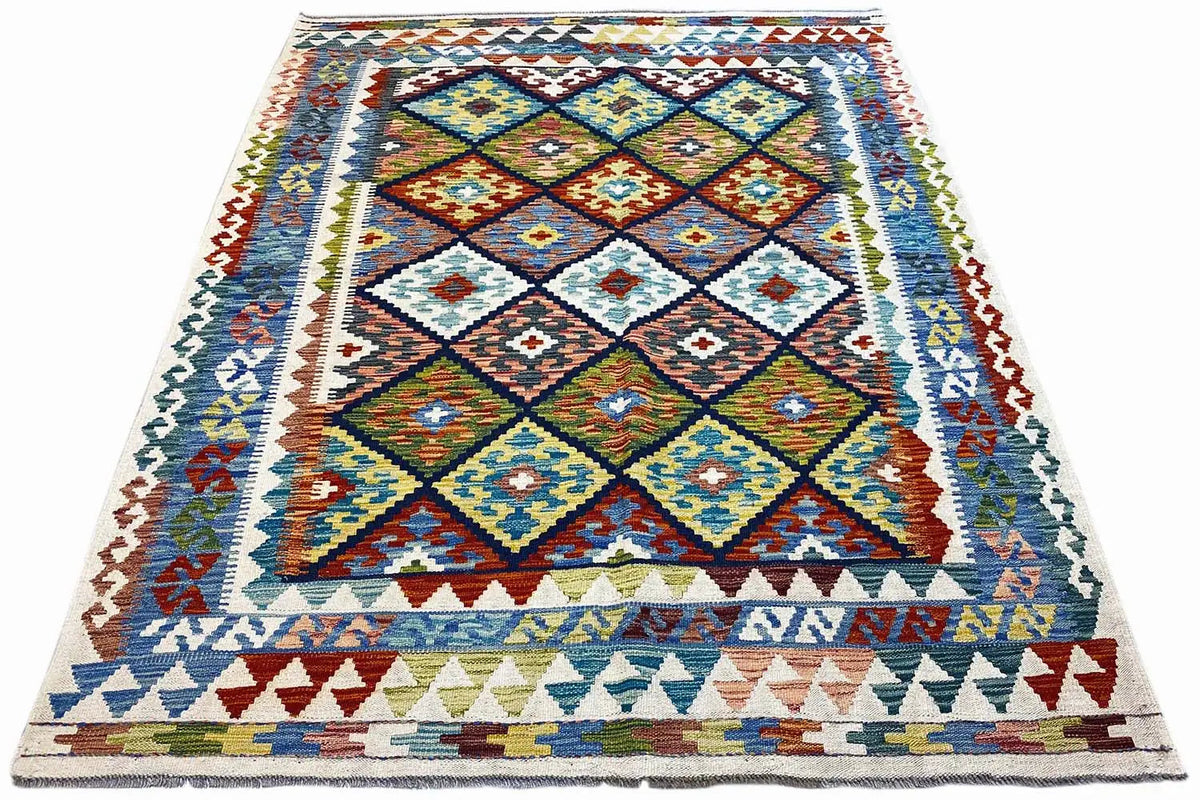 Afghan kilim, rectangular, with a diamond and zigzag border in blue, yellow, and brown