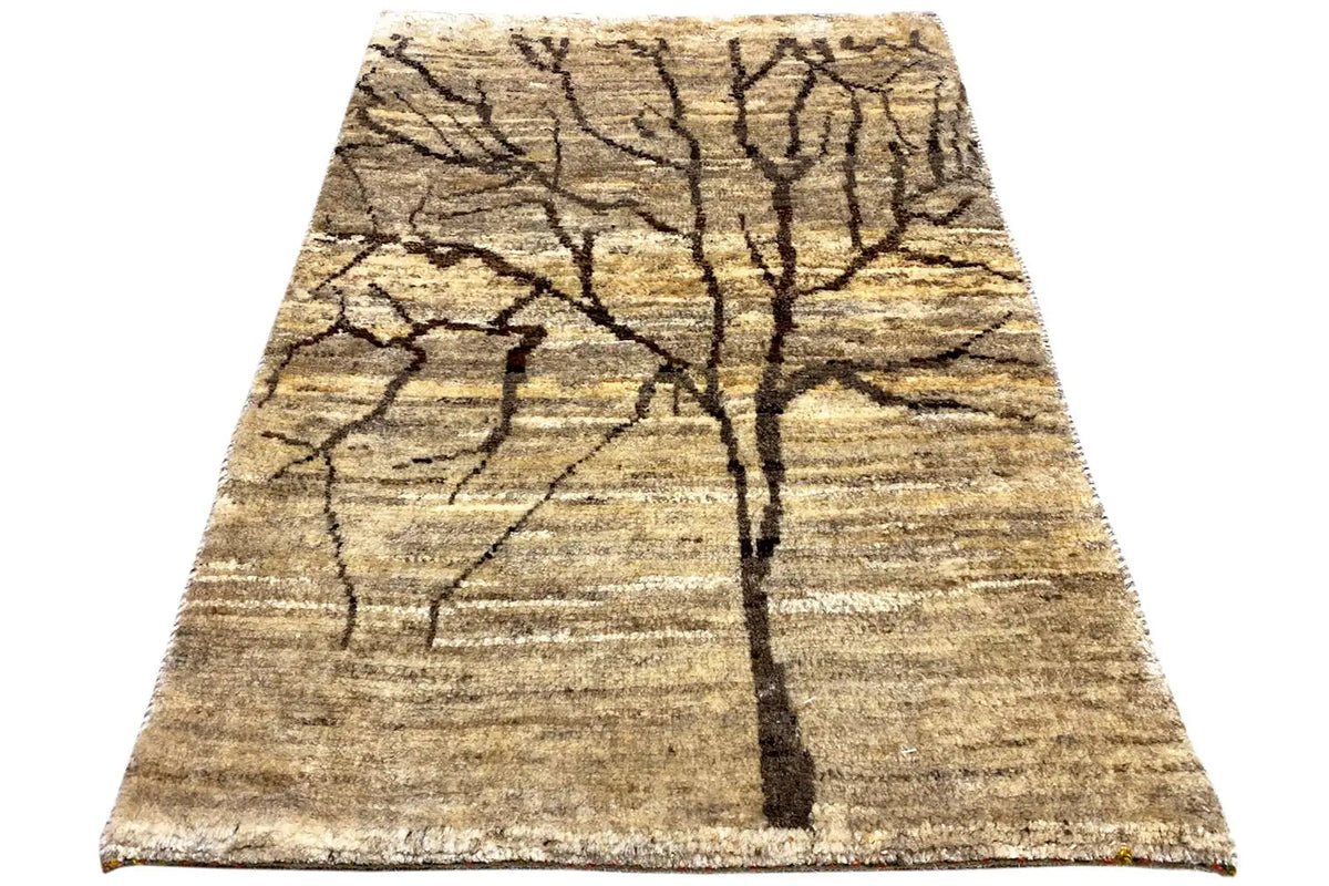 Gabbeh rug 87x61 cm with tree design, beige pile, dark outlines