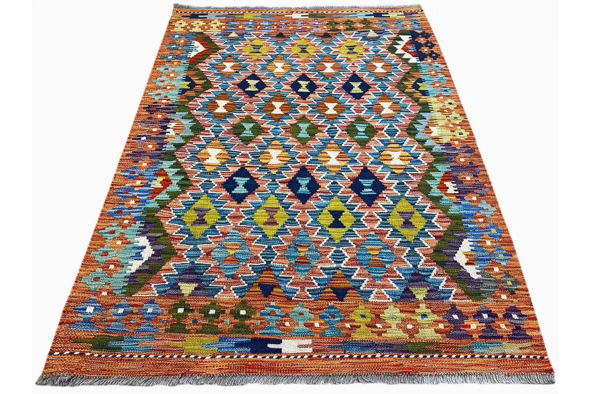 Afghan kilim rug 150x102 cm, flat-woven tribal pattern with borders