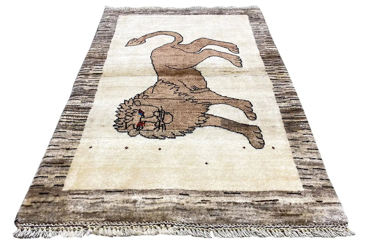 Gabbeh rug with lion motif, light beige and brown, framed, fringed