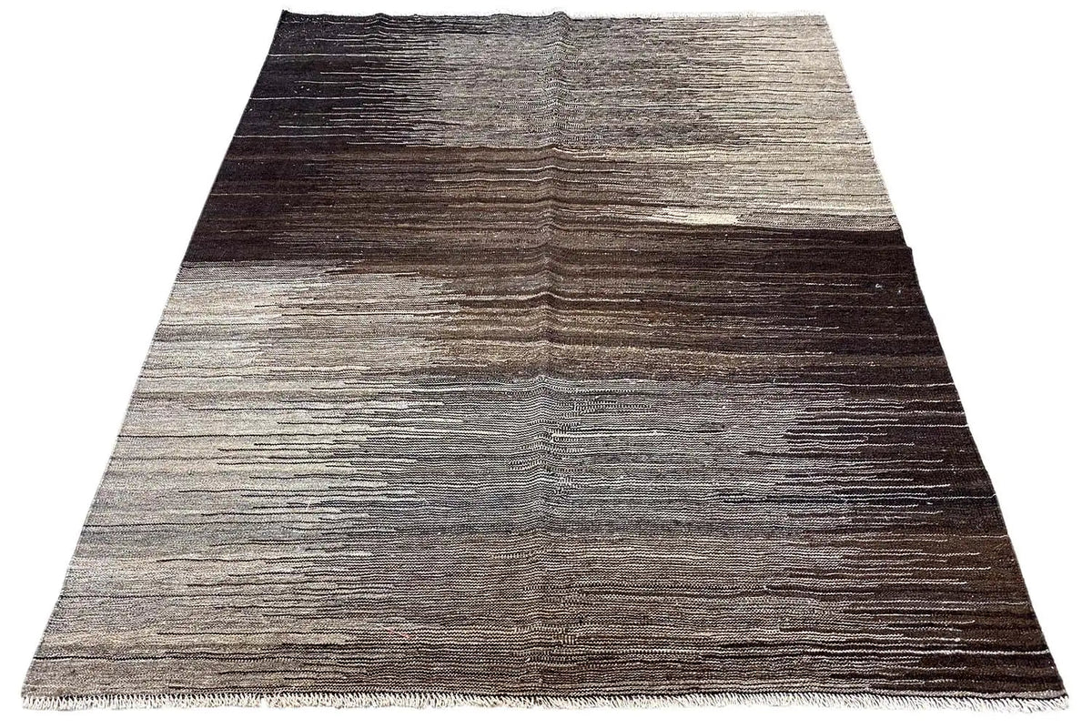 Kilim Qashqai rug with a striped design in gray and dark brown, with fringes
