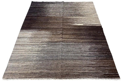 Kilim Qashqai rug with a striped design in gray and dark brown, with fringes